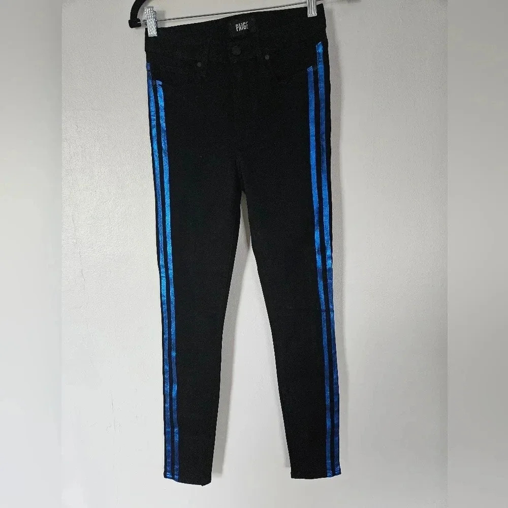 PAIGE Hoxton Ultra Skinny‎ Black Jeans Blue Metallic Stripe Side Size 27 NWOT